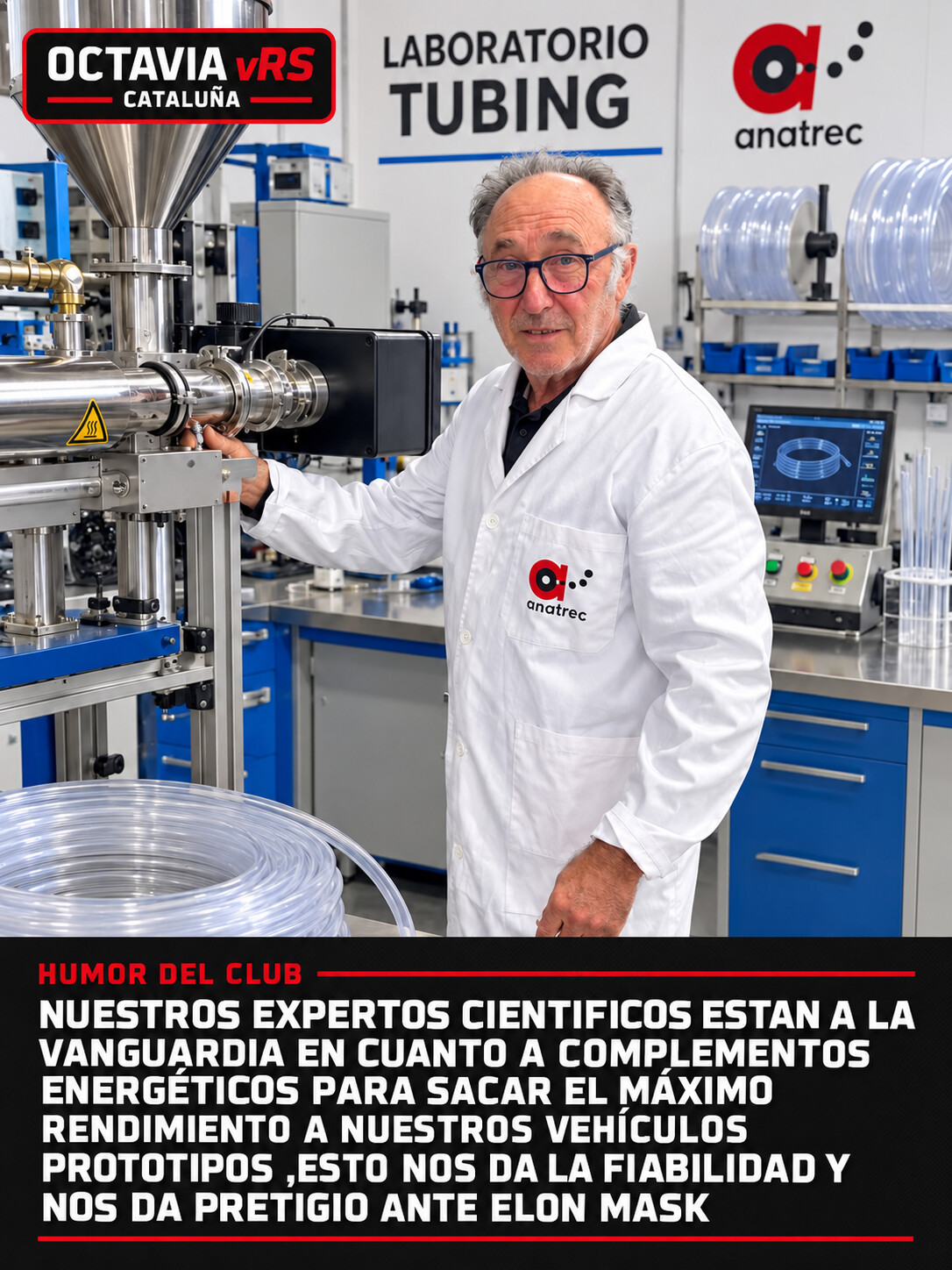 Montaje humorístico del club: aficionado con bata en un laboratorio, con distintivo Octavia vRS Cataluña y texto sobre prototipos